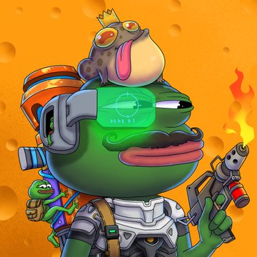 A digital illustration of a green anthropomorphic frog character wearing futuristic armor and a visor labeled 'PEPE E1', holding a gun, with a small slug-like creature on its head and a turtle shell backpack, set against an orange bubbly background.