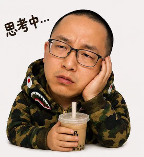 Meme image of a man in a camouflage hoodie resting his head on his hand while holding a bubble tea, with Chinese text '思考中...' (thinking...) overlaid on the top left.