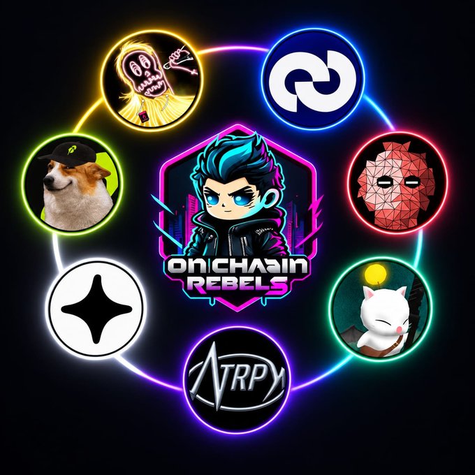 A neon-style graphic for 'ONCHAIN REBELS' featuring a central character with blue hair, surrounded by a circular arrangement of glowing icons including a dog in a hat, a hooded figure, an XRP logo, a red geometric face, and a white cat character.
