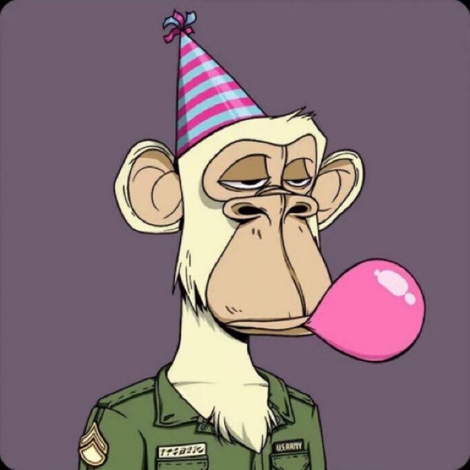 A cartoon illustration of a bored-looking monkey wearing a pink and blue striped party hat and a green U.S. Army uniform, blowing a pink bubblegum bubble.