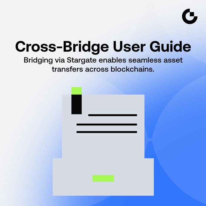 A user guide graphic titled 'Cross-Bridge User Guide' with the subtitle 'Bridging via Stargate enables seamless asset transfers across blockchains,' featuring a document/printer illustration on a blue gradient background.