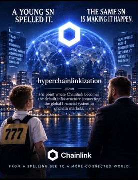 A Chainlink advertisement showing two people looking at a glowing globe, with the headline "A YOUNG SN SPELLED IT. THE SAME SN IS MAKING IT HAPPEN," and a definition of the made-up word "hyperchainlinkization" describing Chainlink as the default infrastructure connecting global financial systems to onchain markets.