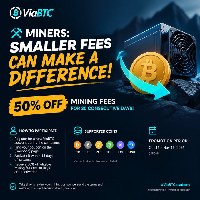 A ViaBTC promotional poster stating “MINERS: SMALLER FEES CAN MAKE A DIFFERENCE!” and “50% OFF MINING FEES FOR 30 CONSECUTIVE DAYS!” It lists supported coins BTC, LTC, ZEC, BCH, KAS, and DASH, with a promotion period of Oct 16–Nov 15, 2026 (UTC+8).