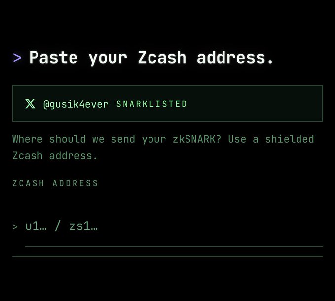 A dark screen displays the prompt 'Paste your Zcash address.' with a highlighted user handle '@gusik4ever SNARKLISTED' and an input field for a ZCASH ADDRESS.