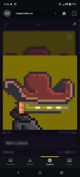 A pixel art image on the magiceden.us NFT marketplace shows a stylized figure in a red cowboy hat and dark outfit with an orange belt, displayed at "3%" (likely a rarity ranking). The pixelated cowboy aesthetic ties into the post's commentary about a deflationary collection featuring a "ZARD" character, with the cartoonish Western theme reinforcing the playful, meme-like tone of the discussion.