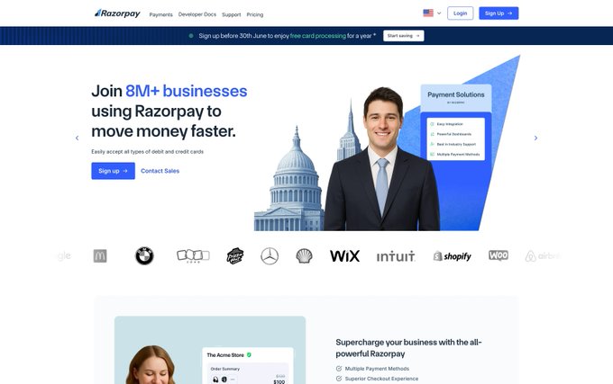 Screenshot of the Razorpay homepage featuring the headline 'Join 8M+ businesses using Razorpay to move money faster' alongside logos of partner companies like BMW, Mercedes, Wix, and Shopify.