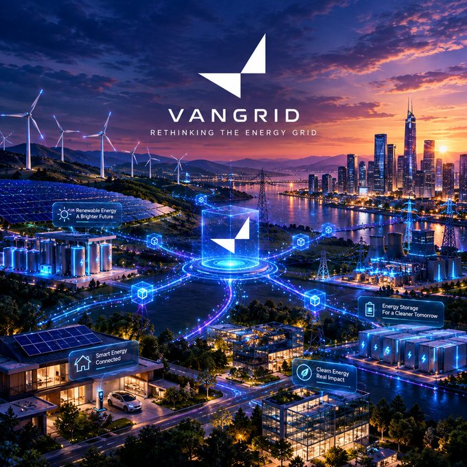 A promotional graphic for 'VANGRID - Rethinking The Energy Grid' showing a futuristic sustainable cityscape with wind turbines, solar panels, energy storage facilities, and a glowing central logo.