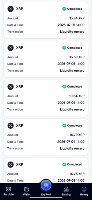 A screenshot of the FortisX app's "Liq. Pool" tab displaying five completed XRP liquidity rewards, ranging from 10.64 to 13.84 XRP, dated between July 3 and July 7, 2026, with a bottom navigation menu highlighting Portfolio, Wallet, Liquidity Pool, Staking, and History options.