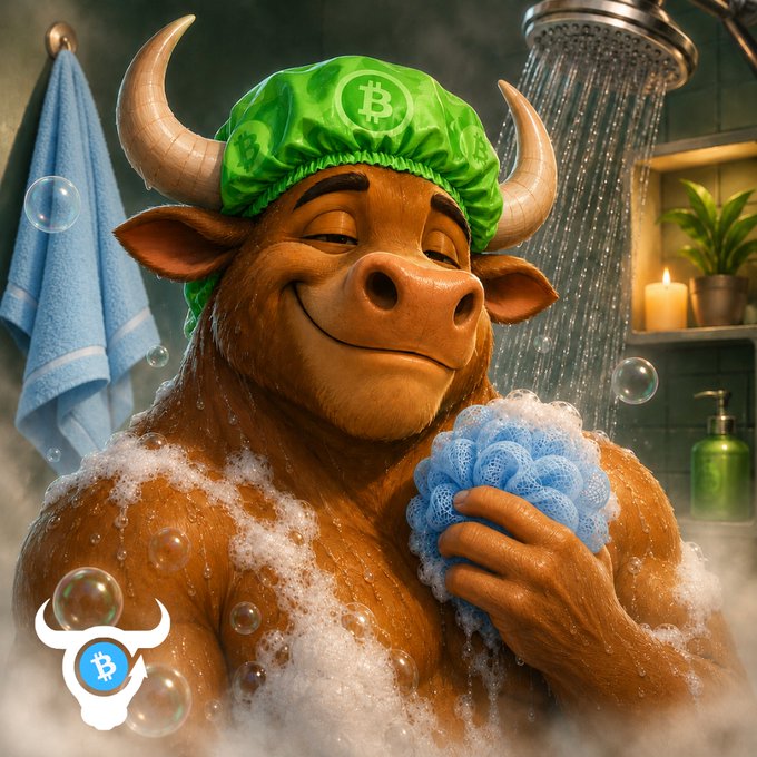 A 3D-rendered bull character wearing a green shower cap with the Bitcoin 'B' logo, happily lathering with soap in a shower, with a Bitcoin-themed bull icon in the corner.