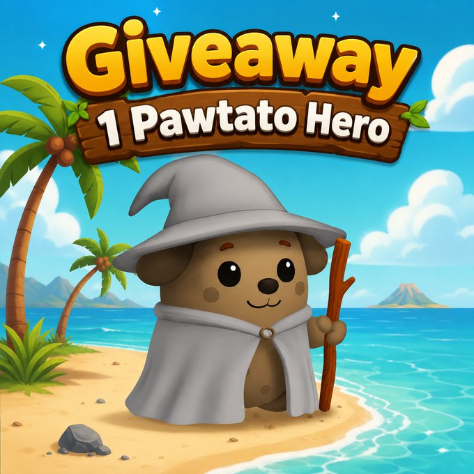 A cartoon promotional image showing a cute character in a wizard hat and gray cloak on a tropical beach, with text reading 'Giveaway 1 Pawtato Hero'.