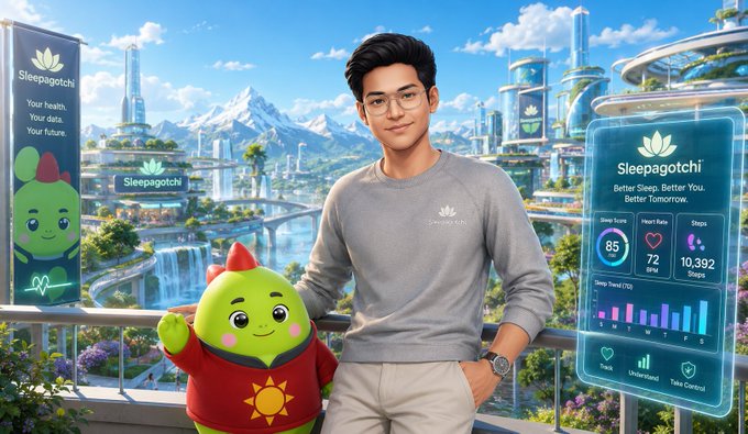 A digital illustration showing a young man in a gray sweatshirt standing next to a green mascot character, with a futuristic city landscape in the background and a health dashboard interface on the right displaying "Sleepagotchi" and metrics like Sleep Score (85), Heart Rate (72 BPM), and Steps (10,392).