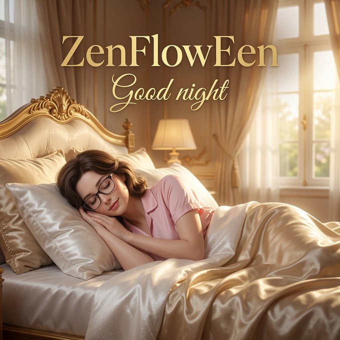 A serene illustration of a woman with glasses sleeping peacefully in an elegant bed, with 'ZenFlowEen' and 'Good night' written in gold script.