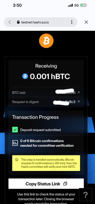 A mobile screenshot showing a Bitcoin transaction on testnet.hash.sui.io receiving 0.001 hBTC, noting '0 of 6 Bitcoin confirmations needed for committee verification'.
