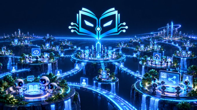 A futuristic digital illustration depicting a vibrant blue cyber cityscape with floating islands, connected by bridges and featuring robot characters and technology-themed symbols including a book/logo at the center.
