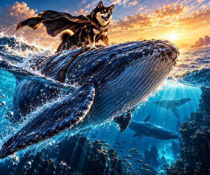 A fantastical digital artwork of a Shiba Inu dog wearing a black superhero cape, riding on the back of a breaching whale at sunset, with dolphins and fish swimming below.