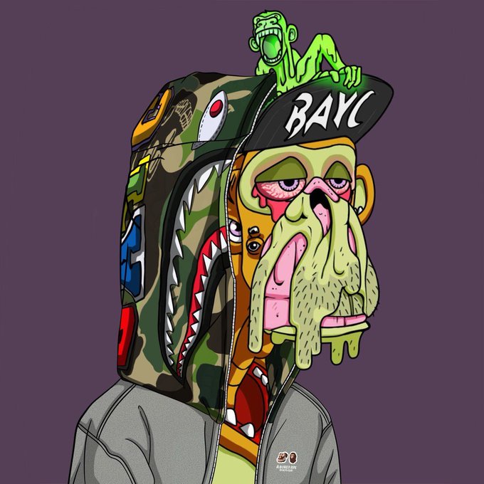 A digital illustration of a Bored Ape (BAYC) NFT character wearing a camo cap with "BAYC" written on it and a small green zombie monkey on top.