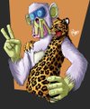 The image shows an anthropomorphic giraffe wearing a lab coat and goggles, holding a flask while displaying a peace sign, appearing to be a creative rendition inspired by Bored Ape Yacht Club artwork, as referenced in the caption.
