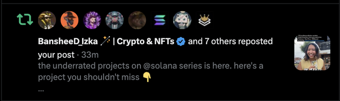 A social media repost notification from 'BansheeD_lzka | Crypto & NFTs' promoting 'the underrated projects on @solana series is here' with a row of profile picture avatars above.