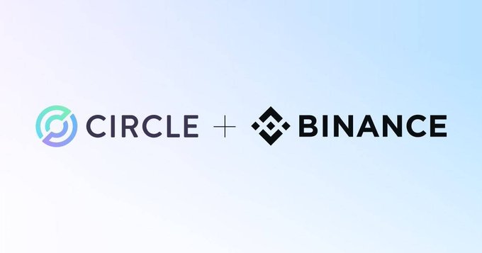 The Circle and Binance logos are displayed side by side with a plus sign between them on a light background, suggesting a partnership between the two cryptocurrency companies.
