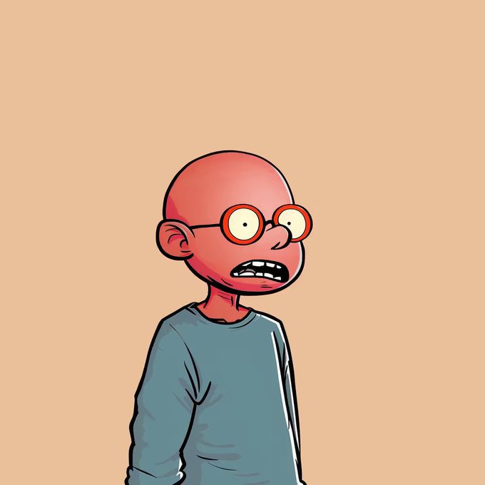 A cartoon illustration of a bald character with round red glasses looking anxious, wearing a grey long-sleeve shirt against a beige background.