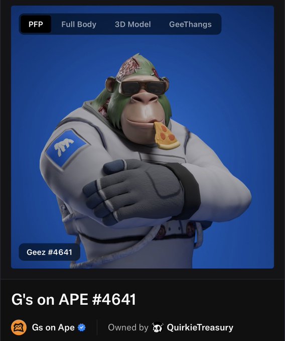 A 3D rendering of an ape character wearing sunglasses and a spacesuit eating pizza, labeled 'G's on APE #4641' and 'Geez #4641', owned by 'QuirkieTreasury'.