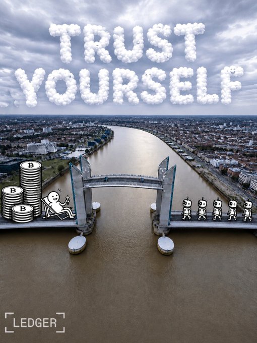 A cartoon illustration of a bridge with the text "TRUST YOURSELF" and "BETTER BANKING" overlaid on it, accompanied by a group of people walking across the bridge.
