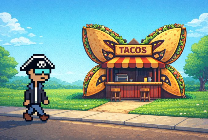 The image features a cartoon man walking past a taco stand with large, flowery tacos displayed outside of the shop. The scene takes place outdoors, possibly at a park or a street corner where people can enjoy their food. The focus on the man and the taco stand suggests that the image is related to a post about the future of cryptocurrency and blockchain technology.