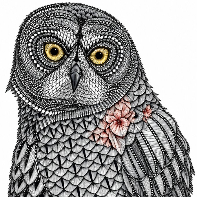 A black and white, intricately detailed illustration of an owl with piercing yellow eyes, adorned with delicate pink blossoms on its chest. The image visually represents the post's "coming soon on solana" announcement, using the owl's watchful gaze as a metaphor for a new, promising launch on the Solana blockchain.