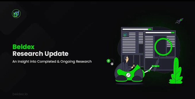 A banner for 'Beldex Research Update' with the text 'An Insight into Completed & Ongoing Research' alongside an illustration of a person on a beanbag chair examining code.