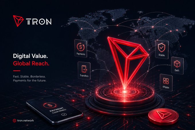 A promotional graphic for TRON cryptocurrency featuring a glowing red diamond logo on a platform, with icons for Payments, Transfers, Stable, DeFi, and dApps, along with the tagline "Digital Value. Global Reach."