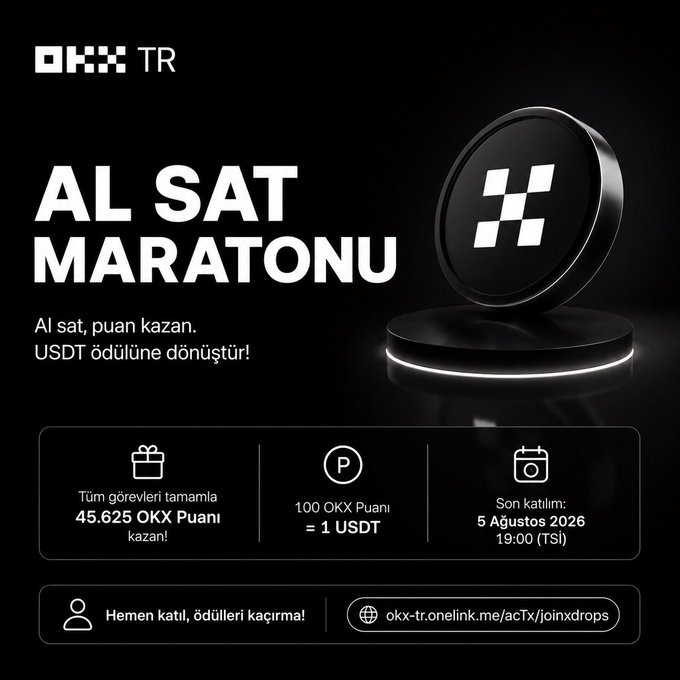 A promotional advertisement for 'OKX TR' featuring the text 'AL SAT MARATONU' in Turkish, offering OKX points convertible to USDT rewards, with a deadline of August 5, 2026.