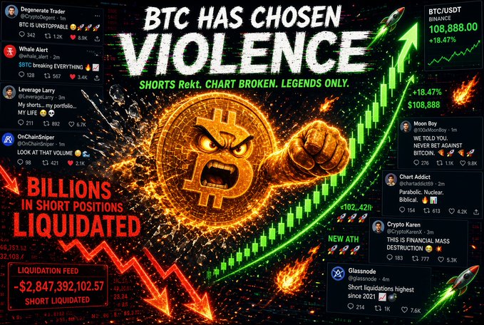 A dramatic cryptocurrency graphic about Bitcoin with bold text 'BTC HAS CHOSEN VIOLENCE' and 'BILLIONS IN SHORT POSITIONS LIQUIDATED', showing BTC/USDT at $108,888.00 +18.47%, surrounded by social media posts reacting to the market movement.