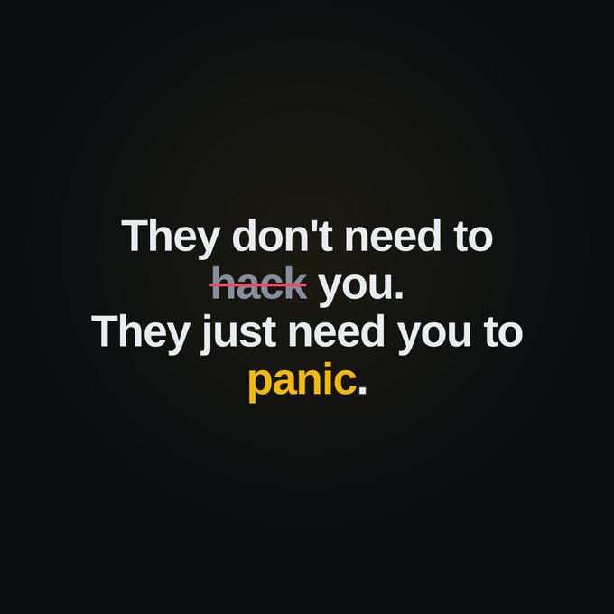Text on a black background reads: 'They don't need to hack you. They just need you to panic.' — with the words 'hack' crossed out in red and 'panic' highlighted in yellow.