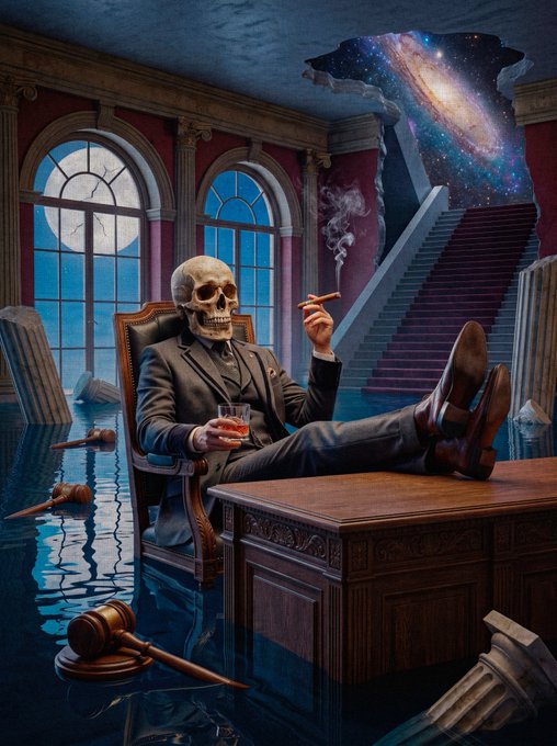 A skeletal figure in a sharp suit smokes a cigar while relaxing with his feet on a desk and whiskey in hand, as courtroom gavels and columns float in rising floodwater, with a cosmic galaxy visible where the ceiling once was—evoking a "keep calm" defiance amid apocalyptic absurdity.
