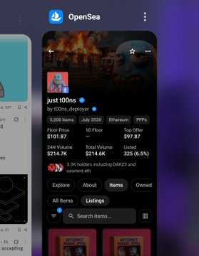 An OpenSea mobile app screenshot displaying an NFT collection called 'just100ns' with a floor price of $101.87, 24h volume of $214.7K, and listed price of $99.82.