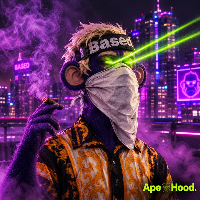 A purple-furred monkey character with a bandana, blonde hair, laser eyes, and a 'Based' headband smokes a cigar in front of a neon purple cityscape; the bottom right reads 'Ape Hood.'