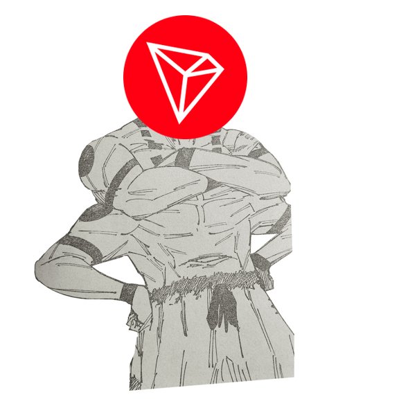 An illustration of a muscular figure wearing Akatsuki robes from Naruto with a red Tron (TRX) cryptocurrency logo as its head.