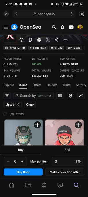 A screenshot of the Racerz NFT collection on OpenSea showing a floor price of 0.055 ETH with +34.2% 1-day growth, 99 items listed, and 399 unique owners—visually supporting the post's urgency to buy before supply tightens.