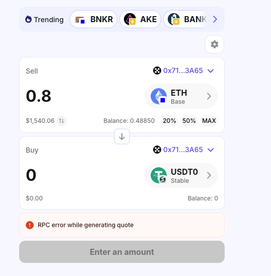 A cryptocurrency swap interface attempting to sell 0.8 ETH for USDT0 stable shows an "RPC error while generating quote" message, illustrating a frustrating technical failure. The error suggests connectivity issues with the Base network RPC, which is likely the source of the user's exasperation about unreliable blockchain infrastructure.