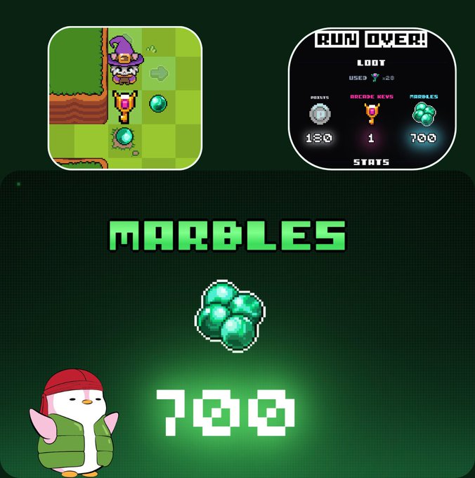 A mobile game screenshot showing 'MARBLES' with a count of 700, featuring a penguin character, a game grid with a wizard, and a 'RUN OVER!' loot screen with stats.