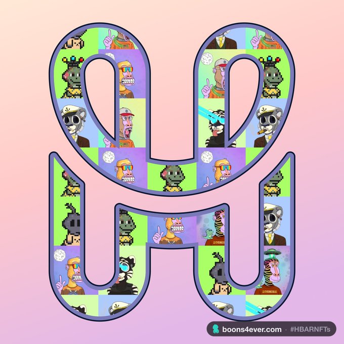 A large stylized 'PH' logo filled with a colorful checkered pattern of cartoon NFT characters on a pink gradient background, with 'booms4ever.com' and '#HBARNFTs' at the bottom.