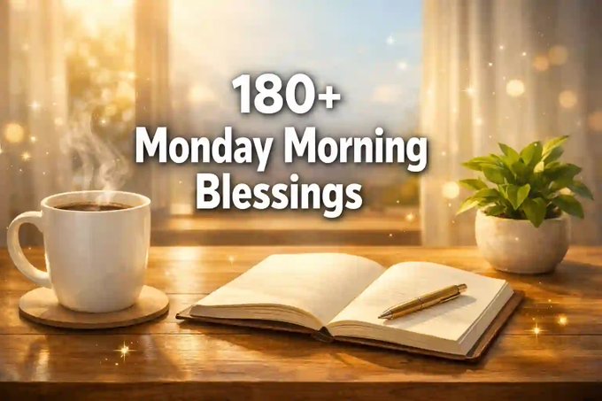 A warm, inspirational graphic reading '180+ Monday Morning Blessings' featuring a steaming coffee mug, an open journal with a pen, and a potted plant on a wooden surface with a sunlit window in the background.