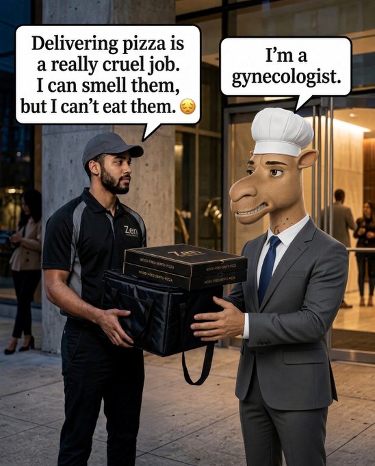 A meme image showing a pizza delivery man saying 'Delivering pizza is a really cruel job. I can smell them, but I can't eat them. 😩' to a man in a suit with a horse head and chef hat who responds 'I'm a gynecologist.'