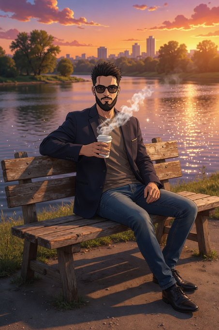 The image features a man sitting on a wooden bench, holding a cup of coffee or tea while wearing sunglasses. The setting appears to be outdoors near water, possibly by a lake or river. There are trees visible in the background, adding to the natural ambiance. The caption provided seems unrelated and does not directly connect with the main subject matter of the image.