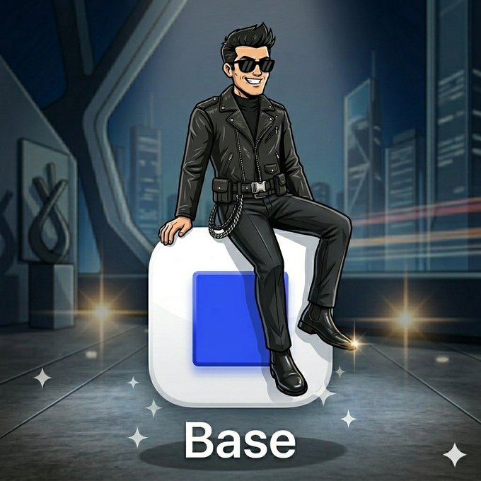 An illustrated cartoon-style character in a black leather jacket and sunglasses sits atop a white and blue 3D logo labeled 'Base' against a dark city skyline background.