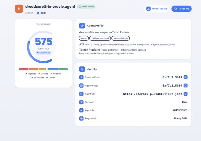 The image shows a ChainAware Agent Trust Score dashboard for "dreadcoreGrimoracle.agent" (#61351) on the Termix Platform, displaying an Established trust score of 575 out of 1000, with verified wallet and Base network details. This illustrates the post's point about how AI agent registration platforms provide basic identification (owner address, wallet, URI, network) but leave a critical gap in revealing historical trustworthiness—precisely what the Agent Trust Score addresses by analyzing behavioral signals like owner patterns, feeder addresses, and fraud risk.