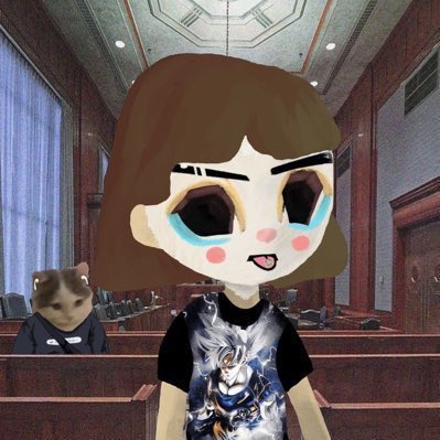 An anime-style cartoon character with large tearful eyes and a bob haircut stands in what appears to be a courtroom setting, while a Shiba Inu dog sits to the left. The character's shirt features an anime character design, complementing the post's playful tone about anticipating profits from KOL coins on the PumpFun platform.