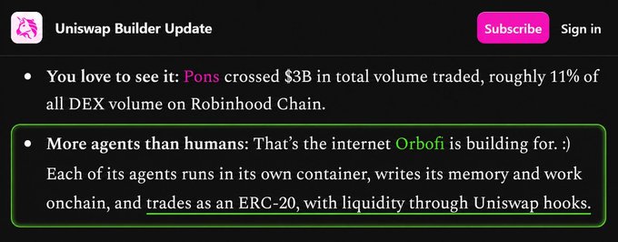 A screenshot of a Uniswap Builder Update newsletter highlighting Orbofi's autonomous agent coins (AACs), noting that "Pons crossed $3B in total volume traded" on Robinhood Chain and emphasizing that Orbofi agents trade as ERC-20 tokens through Uniswap hooks. This relates to the post by showcasing official recognition of $OBI's AAC category as onchain assets using Uniswap infrastructure.