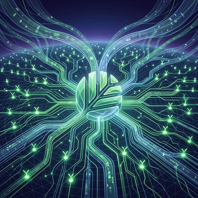 A digital artwork showing a glowing green circuit board with a translucent, leaf-like emblem in the center, surrounded by glowing bunny-shaped nodes and branching pathways against a dark grid.