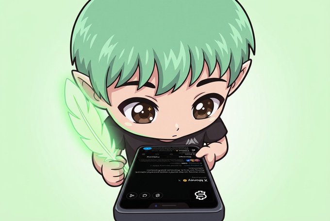 A cute chibi-style anime character with green hair holding a glowing green feather while looking at a smartphone displaying an X (Twitter) feed in dark mode.